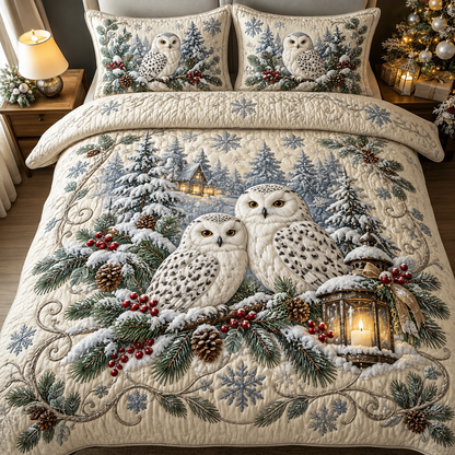 Christmas Snowy Owls Winter Quilt Bedding Set