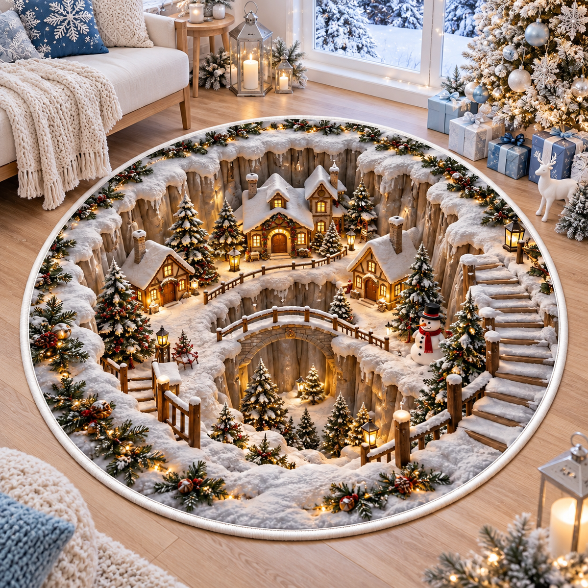 Christmas Snowy Town 3D Optical Illusion Quilted Round Rug