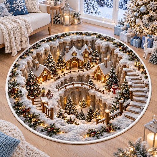 Christmas Snowy Town 3D Optical Illusion Quilted Round Rug