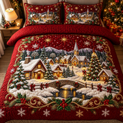 Christmas Snowy Village Church Quilt Bedding Set