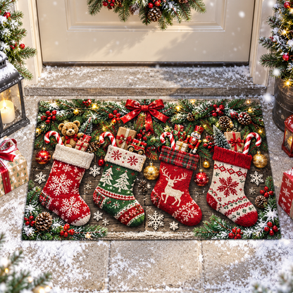 Christmas Stockings Candy Cane Doormat Holiday Outdoor Decor