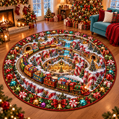 Christmas Toy Train Peppermint Canyon Quilted Round Rug