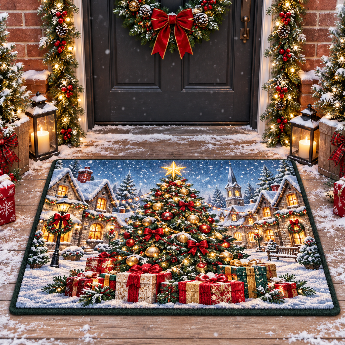 Christmas Tree Winter Village Non-Slip Front Door Mat