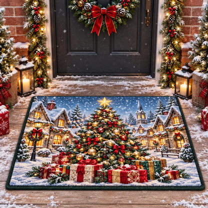 Christmas Tree Winter Village Non-Slip Front Door Mat