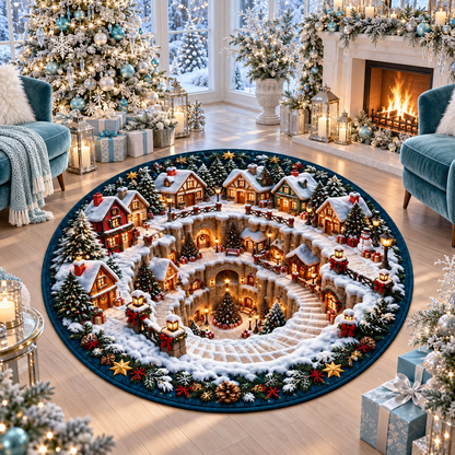 Christmas Village 3D Optical Illusion Quilted Round Rug Carpet