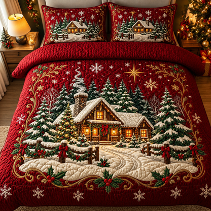 Christmas Winter Cabin Snow Quilt Bedding Set
