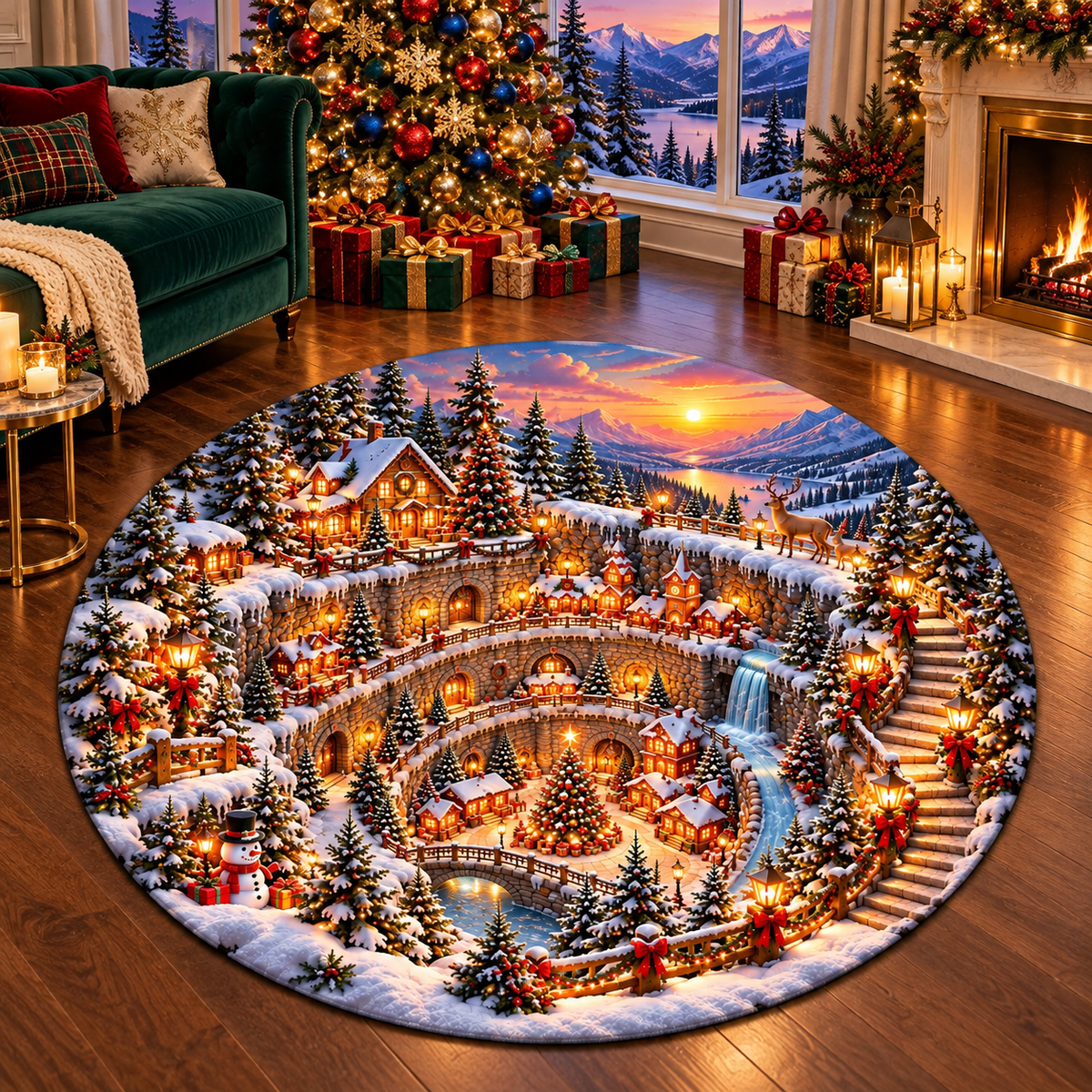 Christmas Winter Wonderland Mountain Village 3D Quilted Round Rug