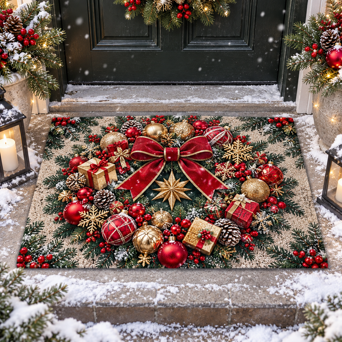 Christmas Wreath Ornaments Ribbon Doormat Holiday Outdoor Decor