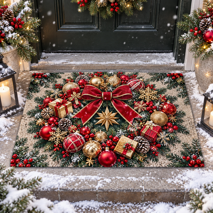 Christmas Wreath Ornaments Ribbon Doormat Holiday Outdoor Decor