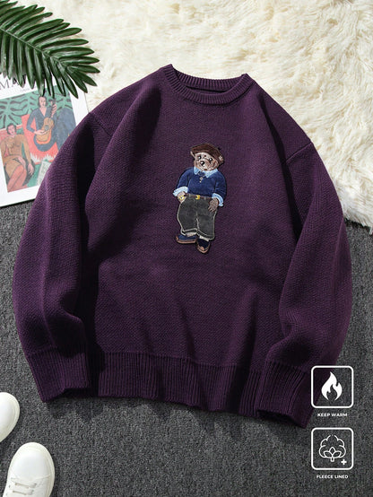 Claim Dot Men’s Cartoon Bear Embroidered Crew Neck Sweater