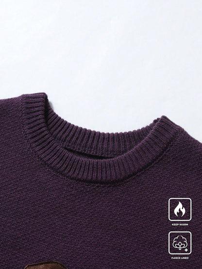 Claim Dot Men’s Cartoon Bear Embroidered Crew Neck Sweater