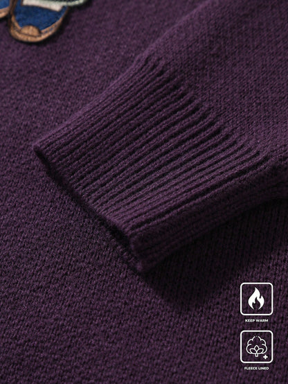 Claim Dot Men’s Cartoon Bear Embroidered Crew Neck Sweater