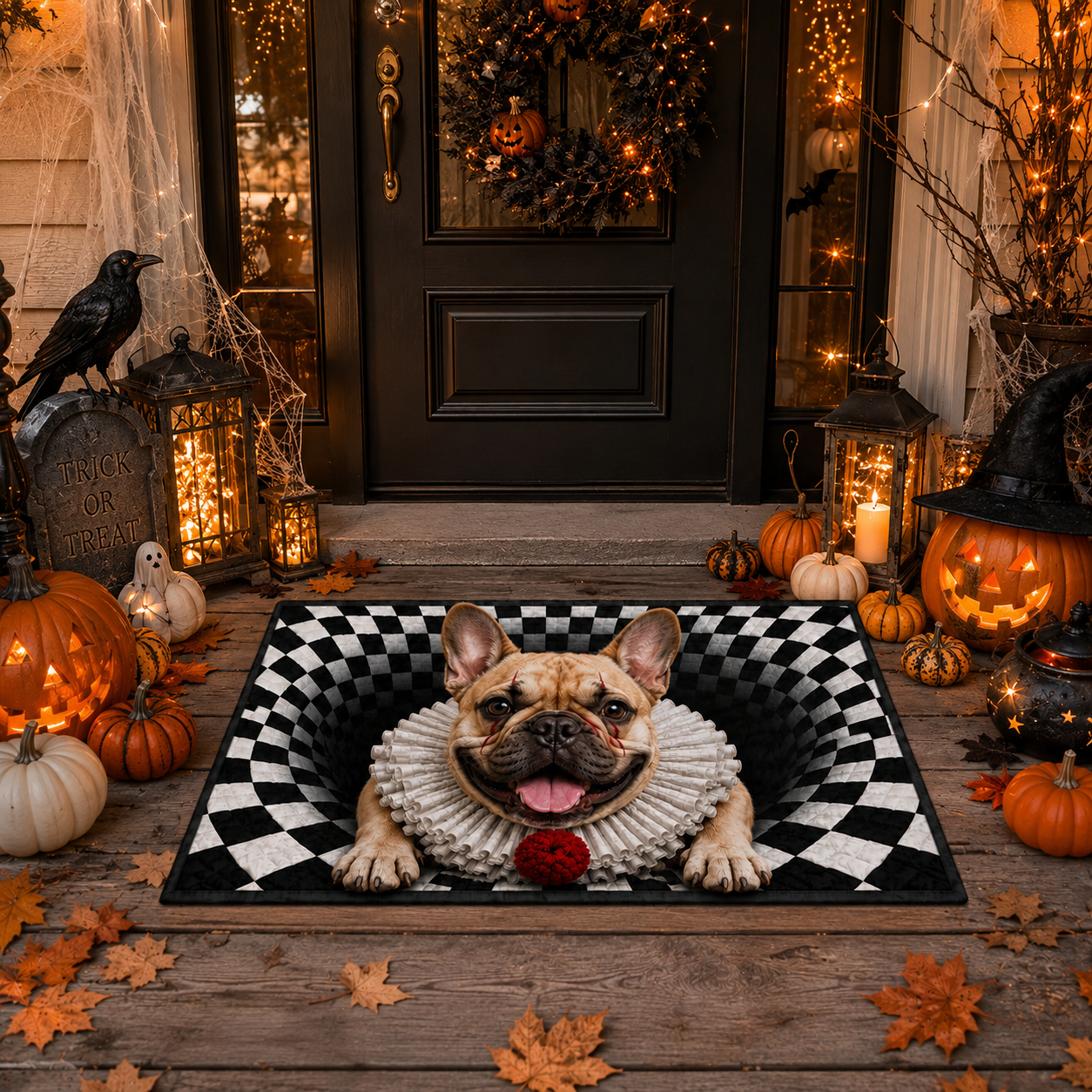 Clown French Bulldog Optical Illusion Halloween Gate Doormat