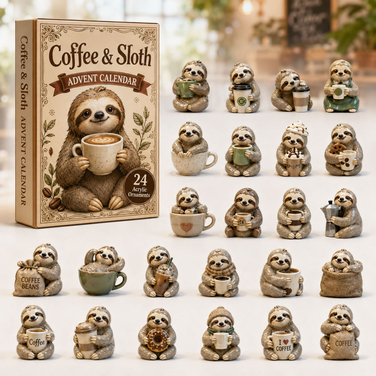 CHRISTMAS KICKOFF 40% OFF - Coffee Sloth Lover Advent Calendar 2026 - 24-Day Festive Countdown, Acrylic Charms Blind Box - Gift For Sloth Lovers