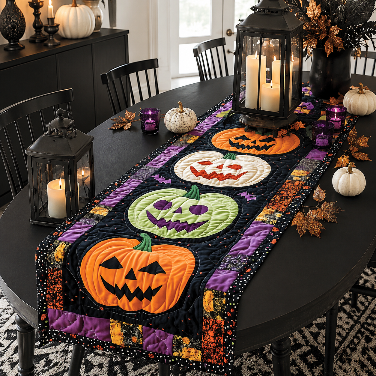 Colorful Jack-O-Lantern Pumpkins Halloween Quilted Table Runner