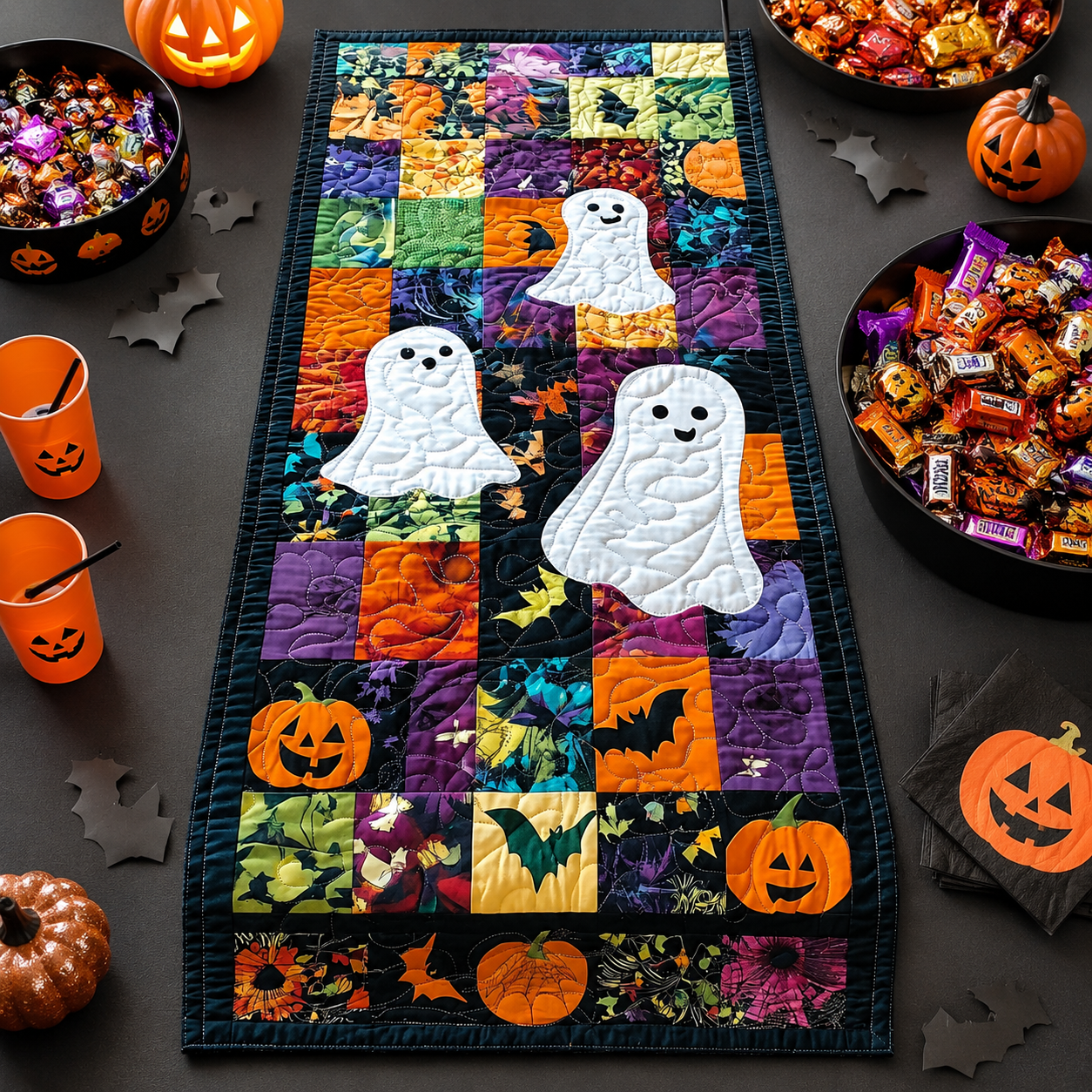 Colorful Patchwork Ghosts & Pumpkins Halloween Quilted Table Runner