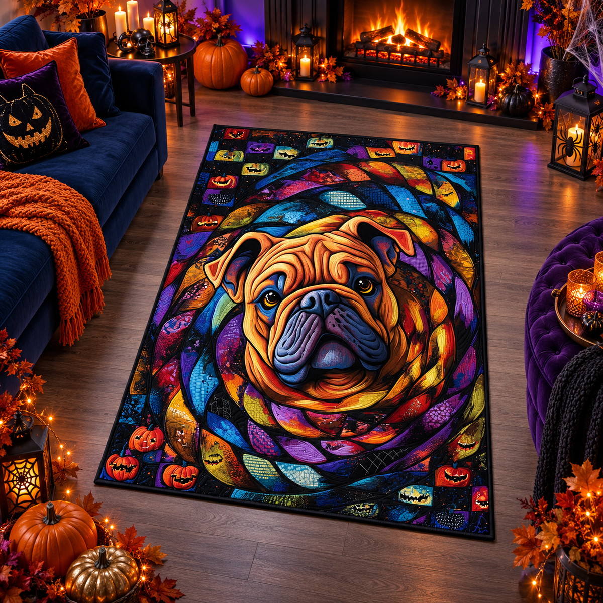 Colorful Stained Glass Bulldog Halloween Area Rug