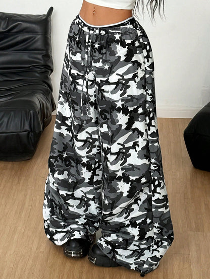 Coolane Women's Camo Tie Waist Wide Leg Loose Casual Pants – Urban Comfort Meets Edgy Streetwear