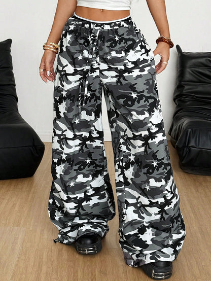 Coolane Women's Camo Tie Waist Wide Leg Loose Casual Pants – Urban Comfort Meets Edgy Streetwear