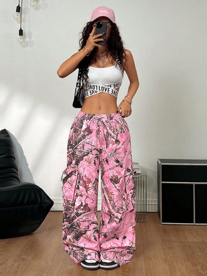 Coolane Women's Casual Pink Camo Print Woven Fabric Long Pants