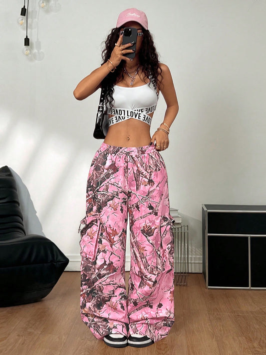 Coolane Women's Casual Pink Camo Print Woven Fabric Long Pants