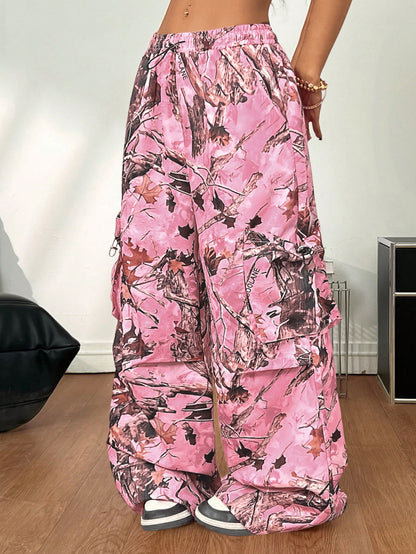 Coolane Women's Casual Pink Camo Print Woven Fabric Long Pants