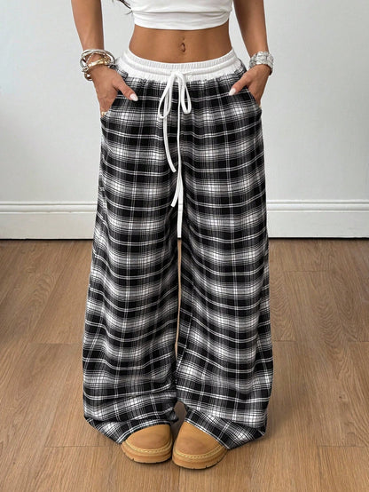 Women’s Multicolor Plaid Wide Leg Drawstring Pants