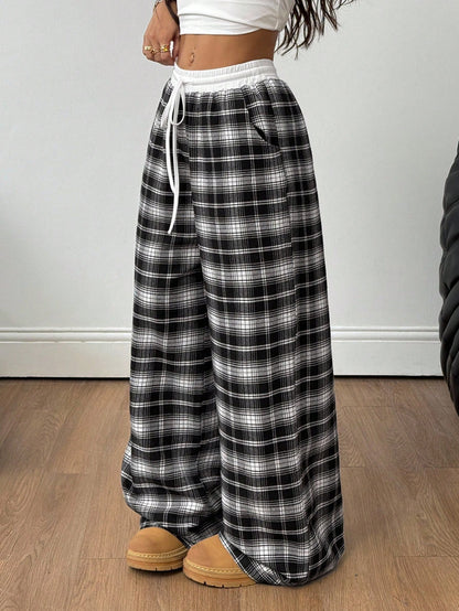 Women’s Multicolor Plaid Wide Leg Drawstring Pants