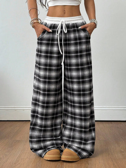 Women’s Multicolor Plaid Wide Leg Drawstring Pants