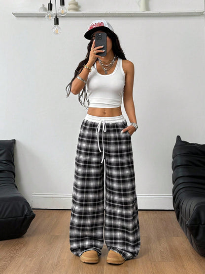 Women’s Multicolor Plaid Wide Leg Drawstring Pants