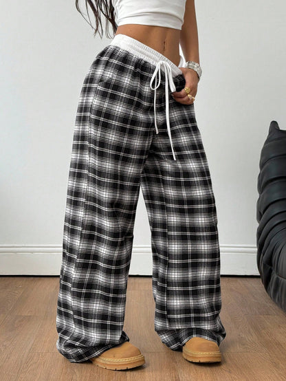 Women’s Multicolor Plaid Wide Leg Drawstring Pants