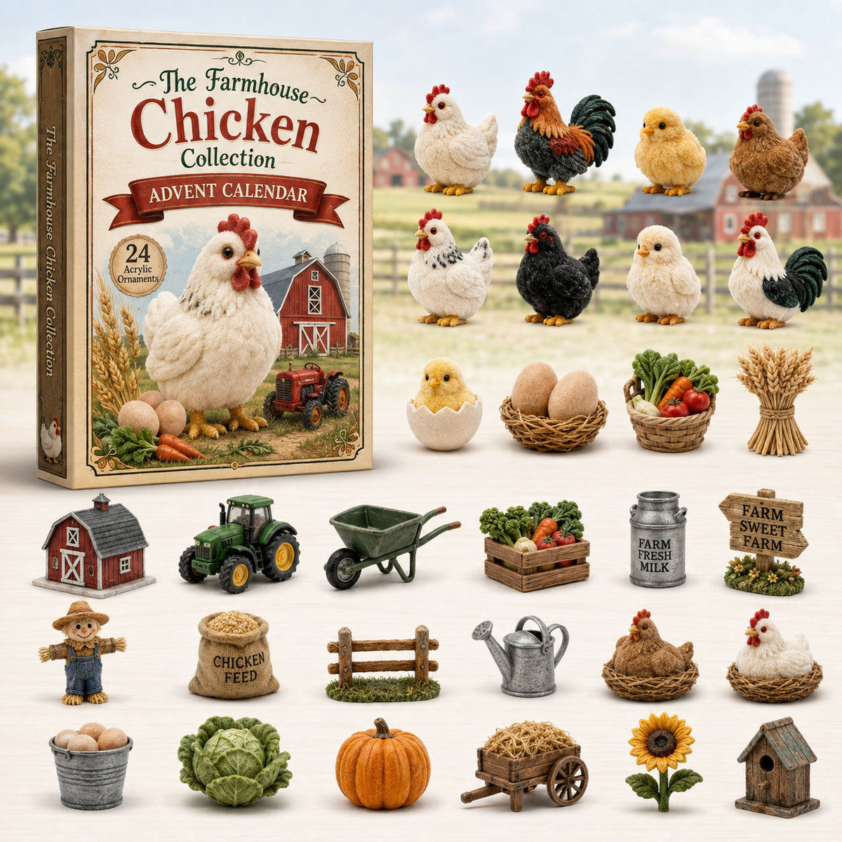CHRISTMAS KICKOFF 40% OFF - Country Chicken Advent Calendar 2026 - 24-Day Festive Countdown, Acrylic Charms Blind Box - Gift For Farmhouse Lovers