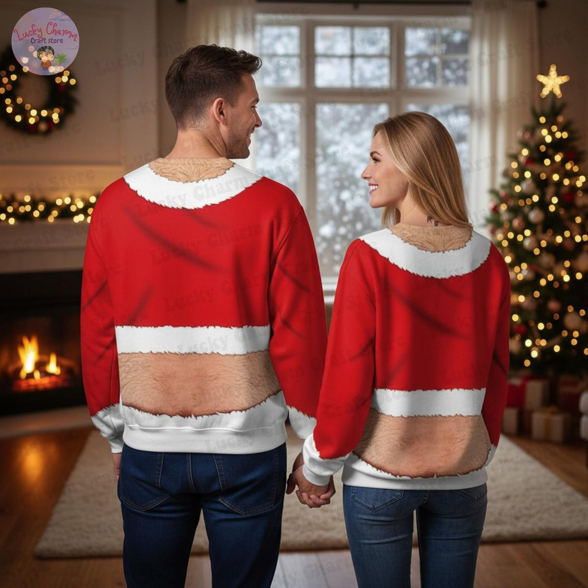 Couple Funny Naked Santa Belly Ugly Christmas Sweaters