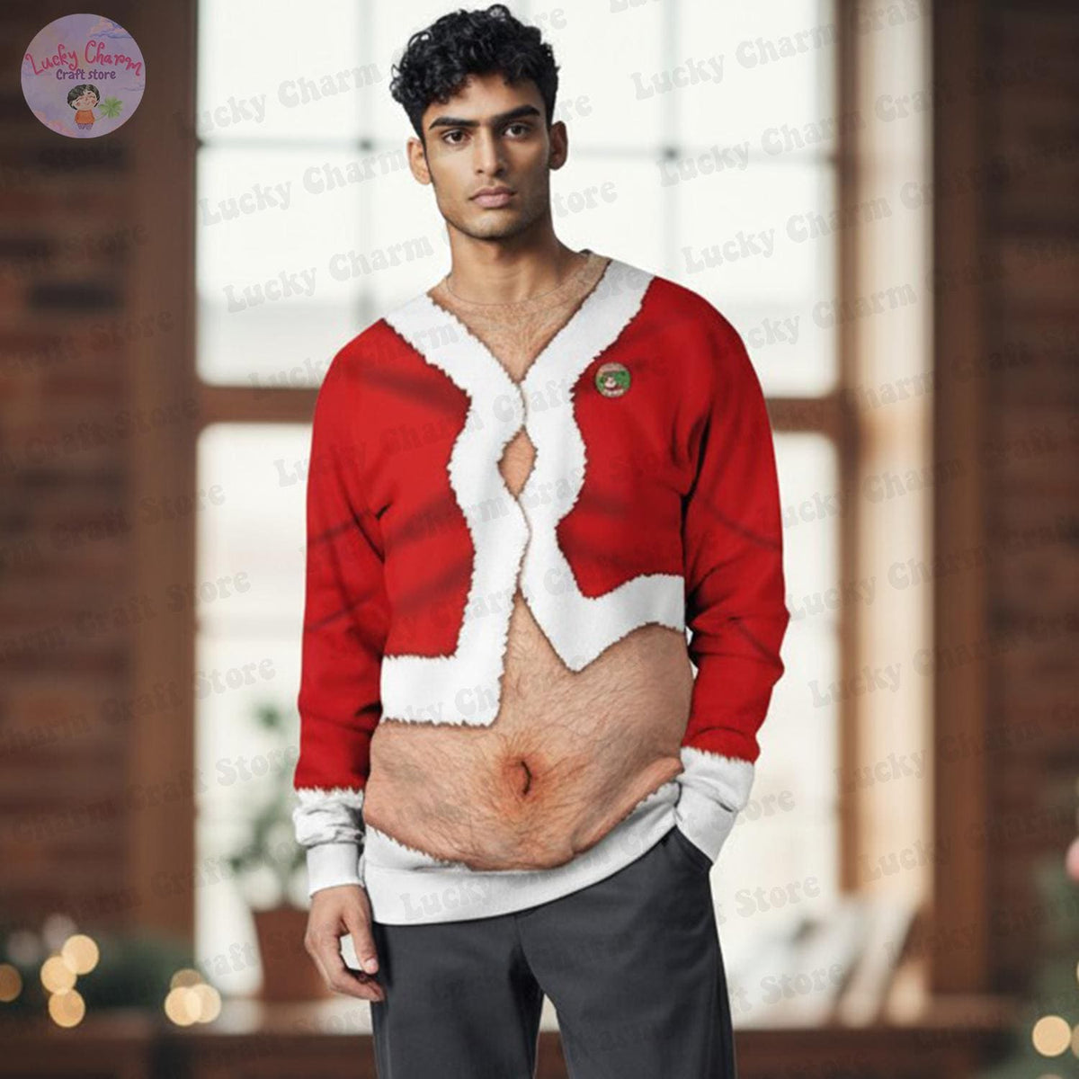Couple Funny Naked Santa Belly Ugly Christmas Sweaters