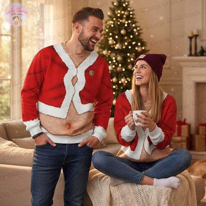 Couple Funny Naked Santa Belly Ugly Christmas Sweaters