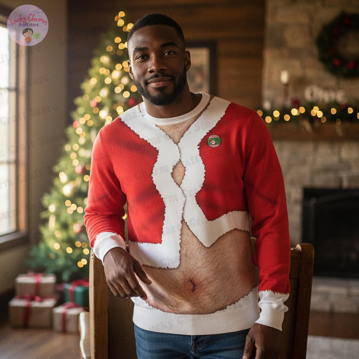 Couple Funny Naked Santa Belly Ugly Christmas Sweaters