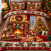 Cozy Christmas Fireplace Golden Retriever Bedding Set