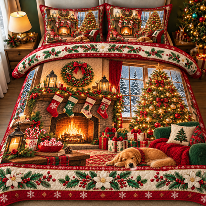Cozy Christmas Fireplace Golden Retriever Bedding Set