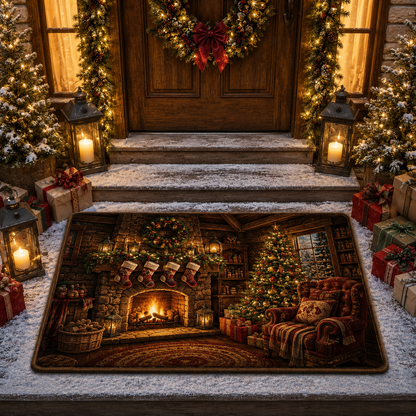 Cozy Fireplace Christmas Tree Holiday Rug Christmas Gate Doormat