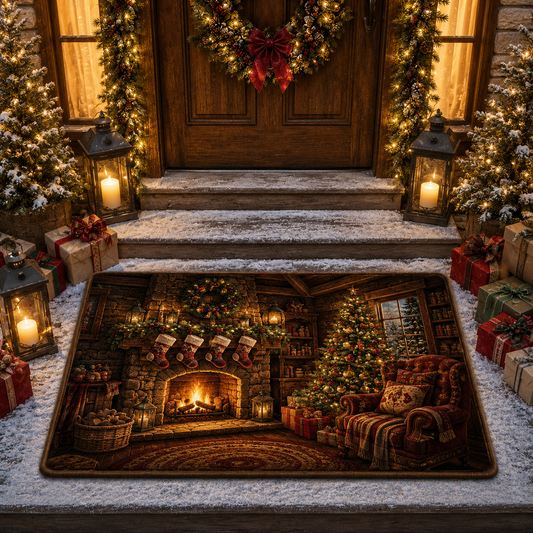 Cozy Fireplace Christmas Tree Holiday Rug Christmas Gate Doormat