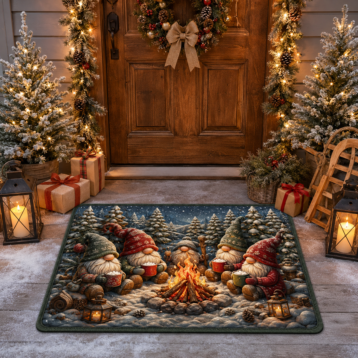 Cozy Winter Campfire Gnomes Festive Christmas Gate Doormat