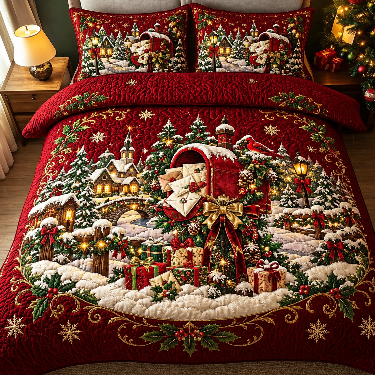 Cozy Winter Village Red Mailbox Christmas Bedding Set