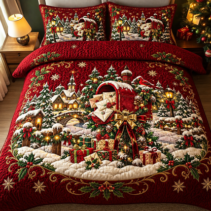 Cozy Winter Village Red Mailbox Christmas Bedding Set
