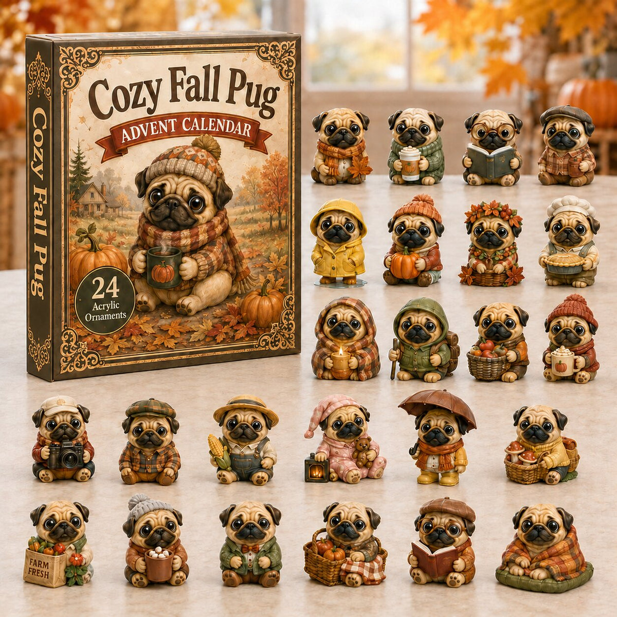 CHRISTMAS KICKOFF 40% OFF - Cozy Fall Pug Advent Calendar 2026 - 24-Day Festive Countdown, Acrylic Charms Blind Box - Gift For Dog Lovers