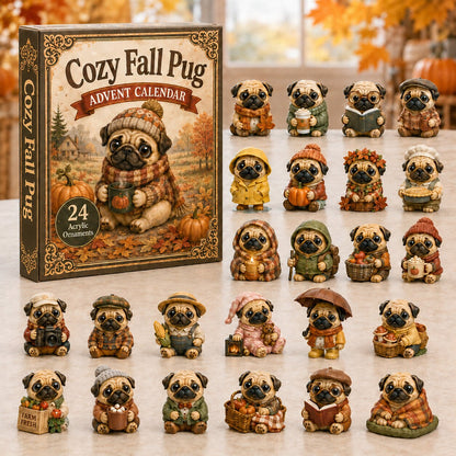 CHRISTMAS KICKOFF 40% OFF - Cozy Fall Pug Advent Calendar 2026 - 24-Day Festive Countdown, Acrylic Charms Blind Box - Gift For Dog Lovers