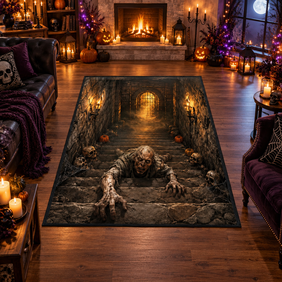Crawling Zombie Dungeon Stairs Halloween Area Rug