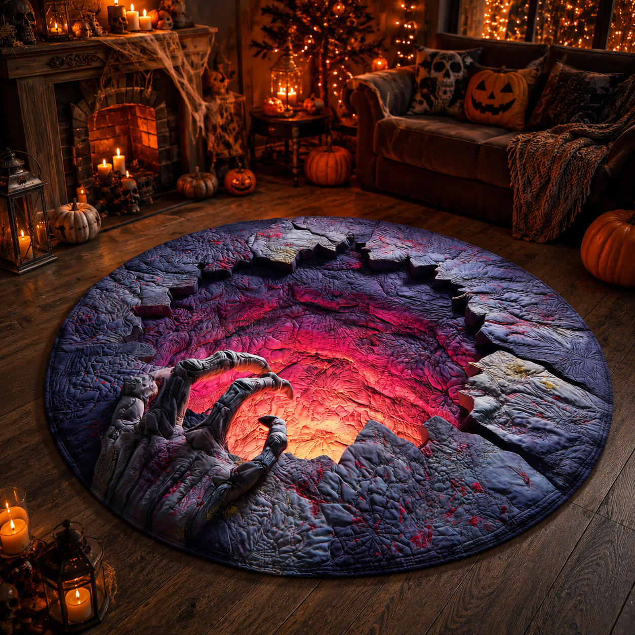 Creepy 3D Fiery Hell Hole Illusion Halloween Quilt Round Rug