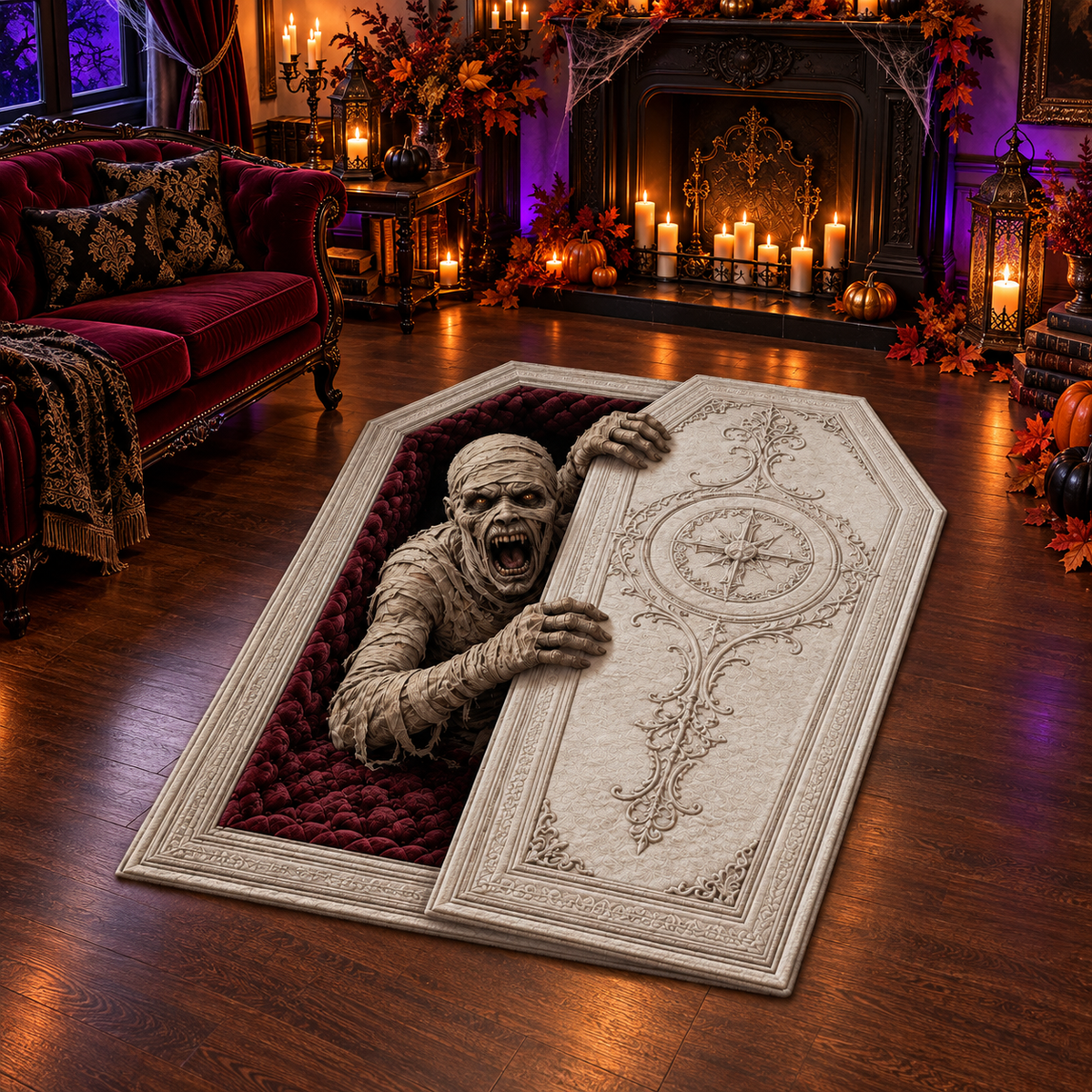 Creepy Coffin Mummy Halloween Area Rug