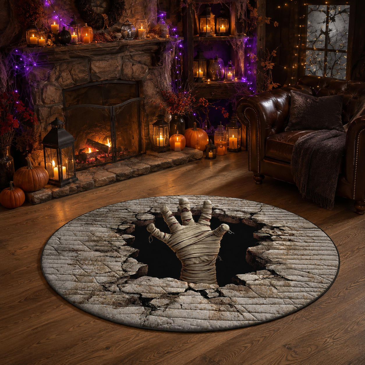 Creepy Cracked Stone Mummy Hand Halloween Quilt Round Rug