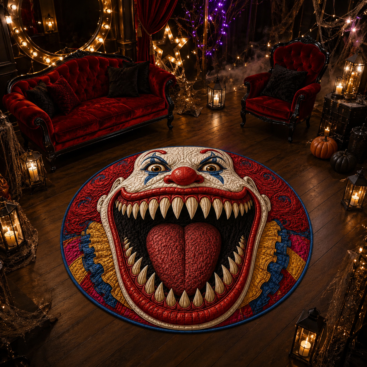 Creepy Evil Clown Open Mouth Halloween Quilt Round Rug